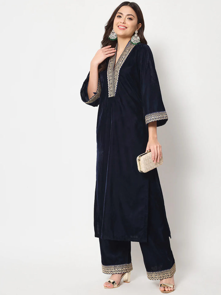 anokherang Combos Glamour Blue Shawl Collar Kurti with Straight Pants