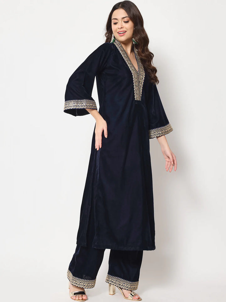 anokherang Combos Glamour Blue Shawl Collar Kurti with Straight Pants