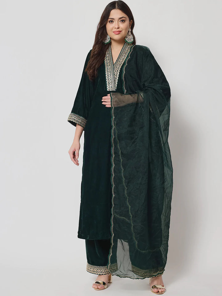 anokherang Combos Glamour Green Shawl Collar Kurti with Straight Pants and Dupatta