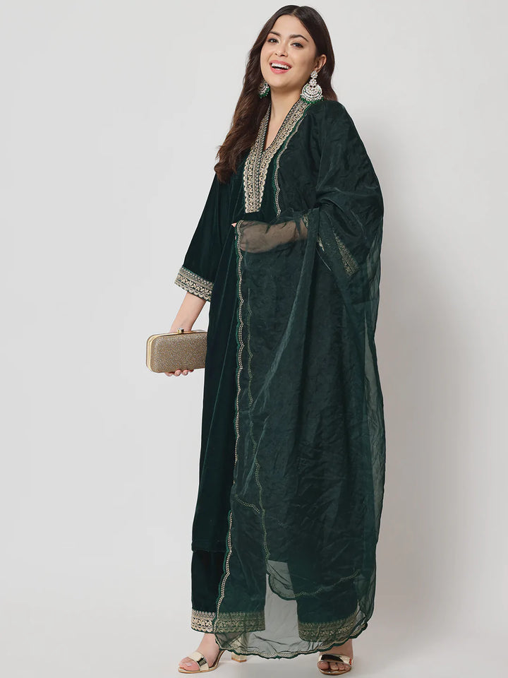 anokherang Combos Glamour Green Shawl Collar Kurti with Straight Pants and Dupatta