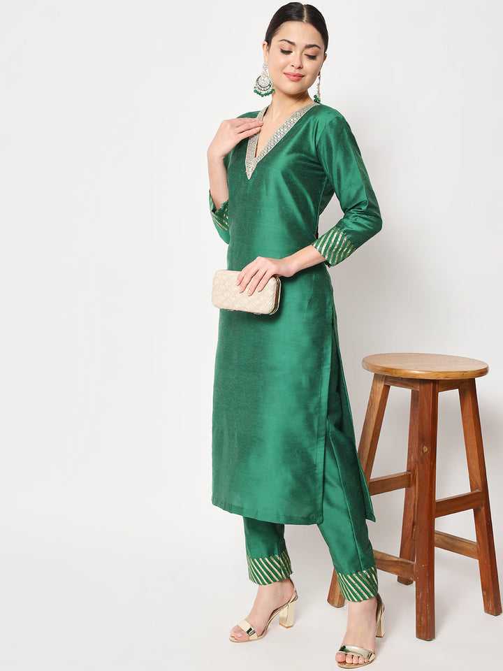 anokherang Combos Glorious Green Lines Straight Kurti with Pants