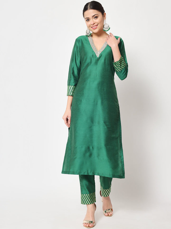 anokherang Combos Glorious Green Lines Straight Kurti with Pants