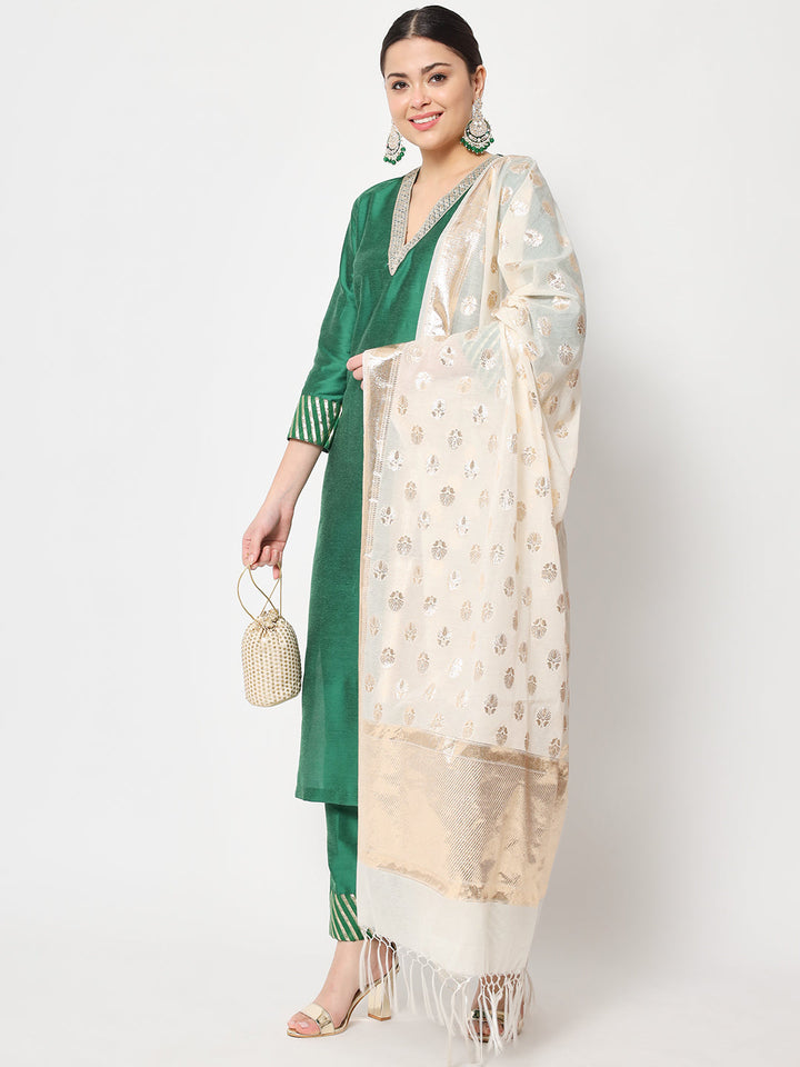 anokherang Combos Glorious Green Lines Straight Kurti with Pants and Off-White Dupatta