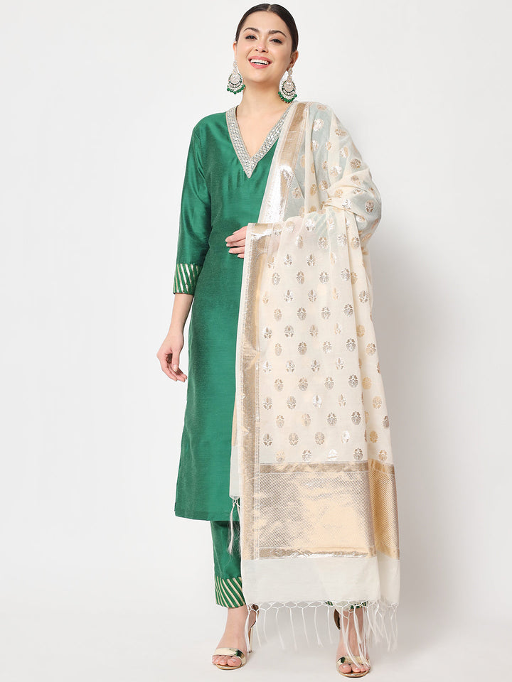 anokherang Combos Glorious Green Lines Straight Kurti with Pants and Off-White Dupatta