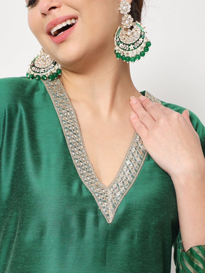 anokherang Combos Glorious Green Lines Straight Kurti with Pants and Off-White Dupatta