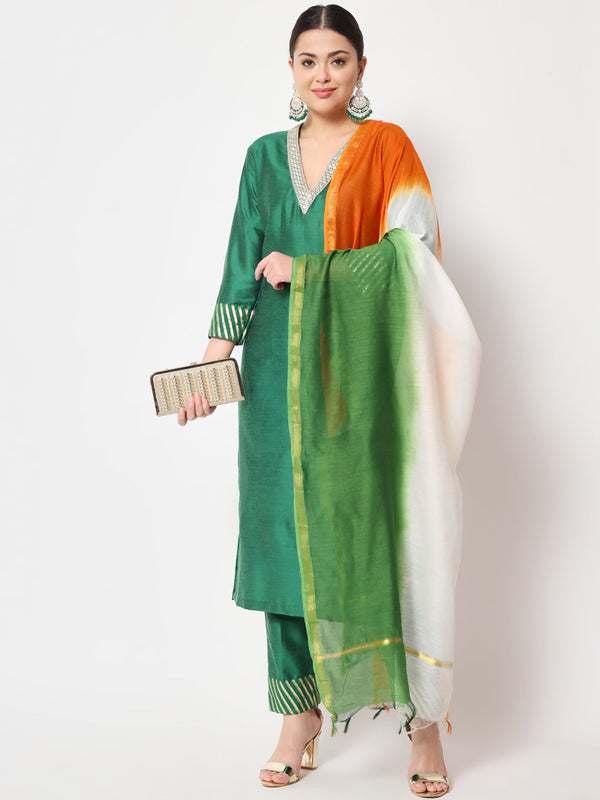 anokherang Combos Glorious Green Lines Straight Kurti with Pants and Tri-Color Dupatta
