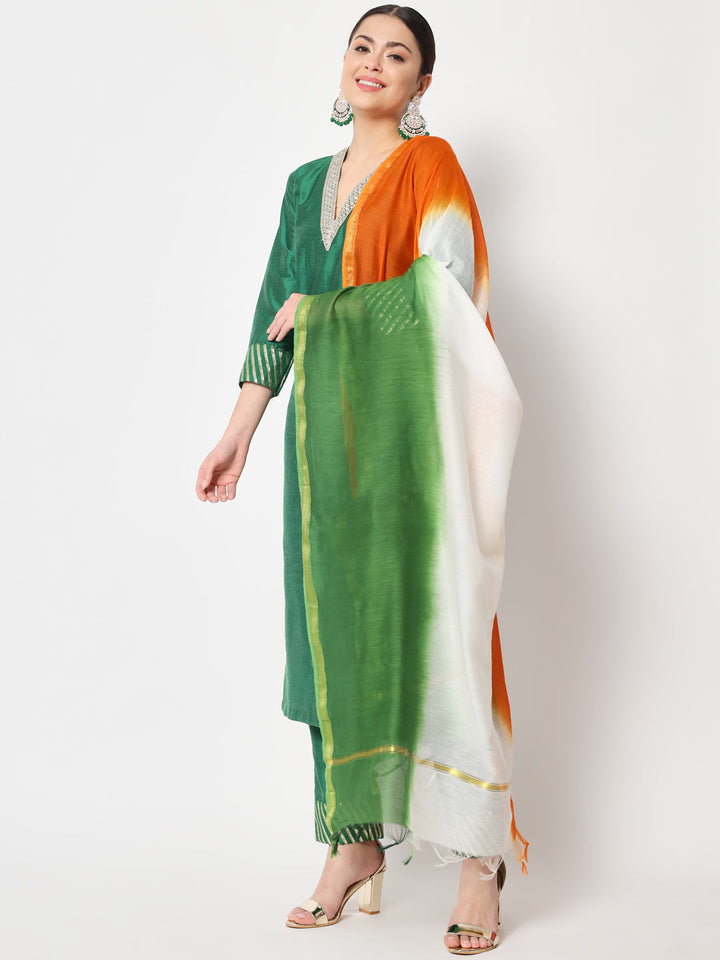anokherang Combos Glorious Green Lines Straight Kurti with Pants and Tri-Color Dupatta