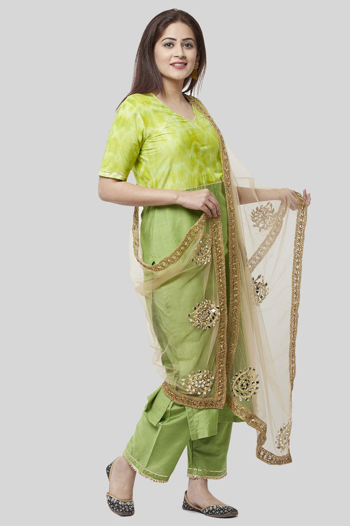 anokherang Combos Glorious Green Straight Kurti with Straight Palazzo and Gold Mirror Paisley Dupatta