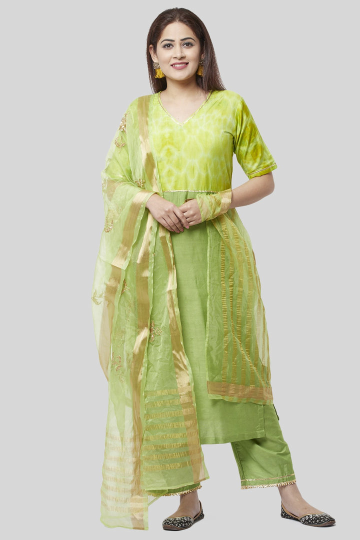 anokherang Combos Glorious Green Straight Kurti with Straight Palazzo and Green Embroidered Dupatta