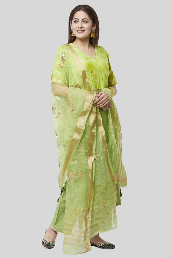 anokherang Combos Glorious Green Straight Kurti with Straight Palazzo and Green Embroidered Dupatta
