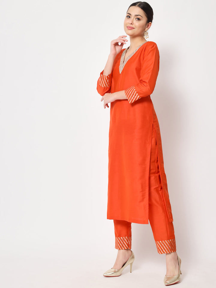 anokherang Combos Glorious Orange Lines Kurti with Straight Pants