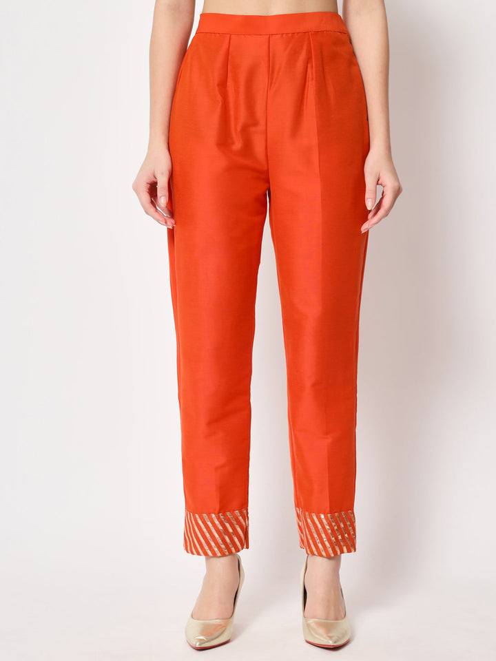 anokherang Combos Glorious Orange Lines Kurti with Straight Pants and Off-White Dupatta