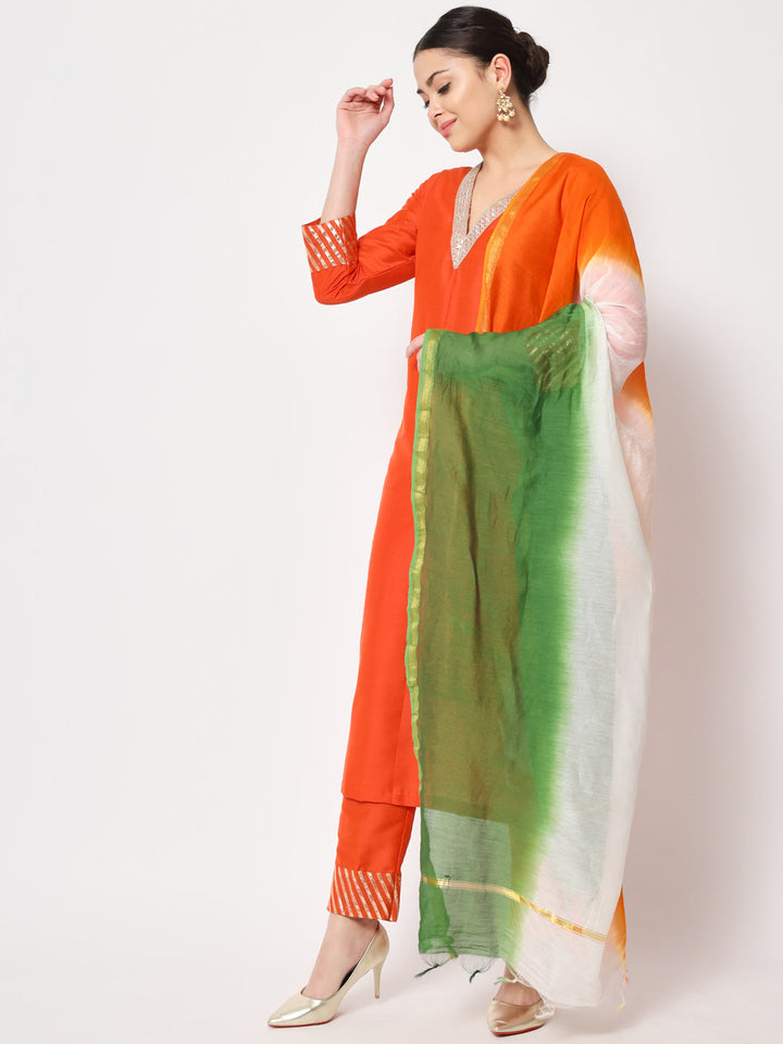 anokherang Combos Glorious Orange Lines Kurti with Straight Pants and Tri-Color Dupatta