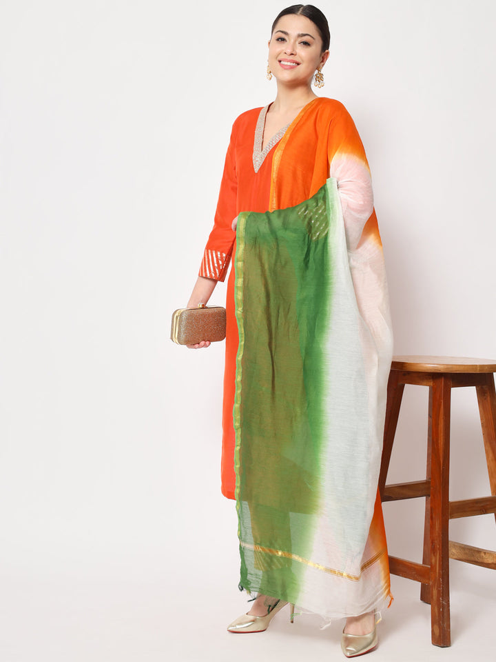 anokherang Combos Glorious Orange Lines Kurti with Straight Pants and Tri-Color Dupatta