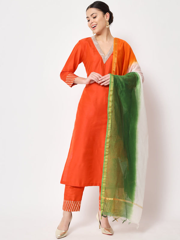 anokherang Combos Glorious Orange Lines Kurti with Straight Pants and Tri-Color Dupatta