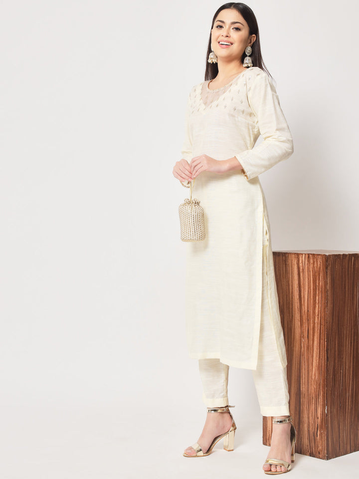 anokherang Combos Glowing Ivory Straight Kurti with Straight Pants