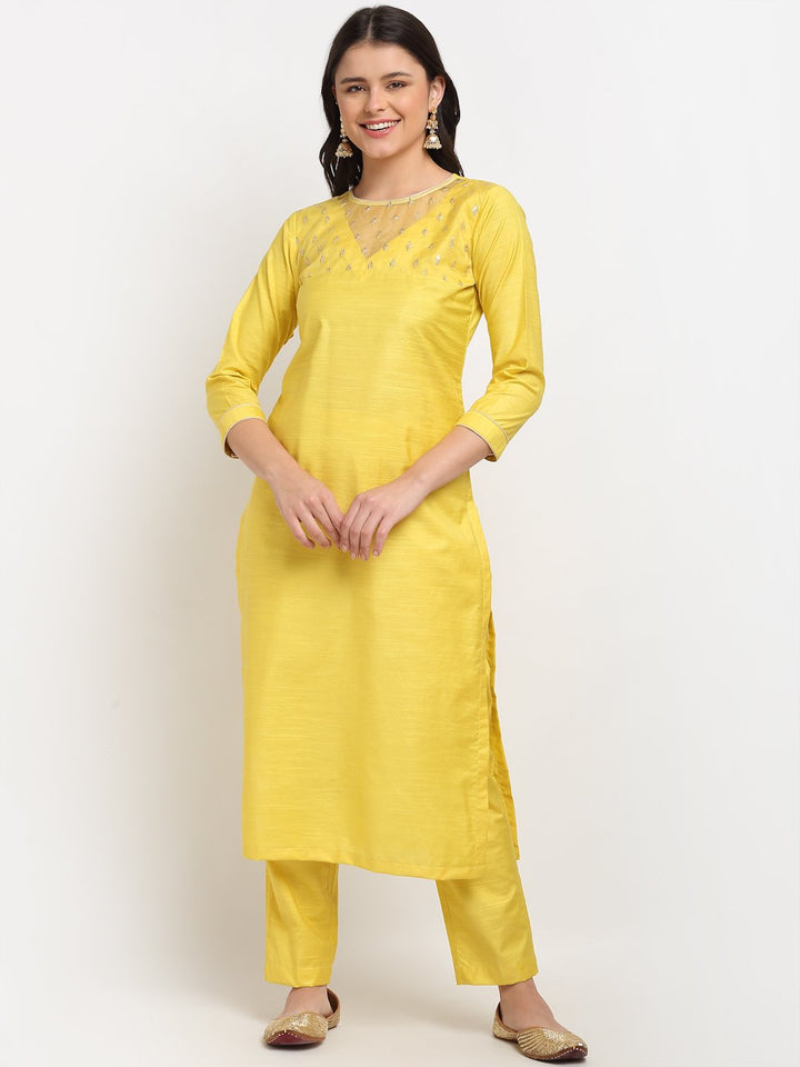 anokherang Combos Glowing Yellow Sequined Yoke Straight kurti with Pants