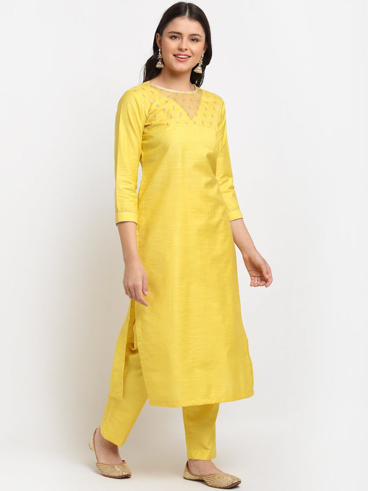 anokherang Combos Glowing Yellow Sequined Yoke Straight kurti with Pants