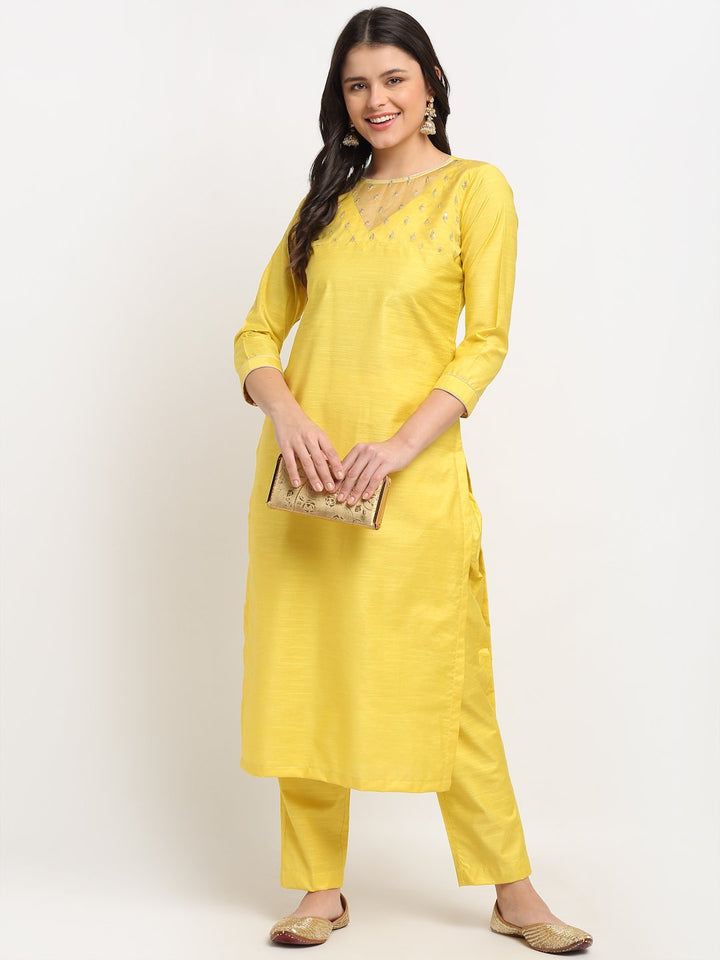 anokherang Combos Glowing Yellow Sequined Yoke Straight kurti with Pants