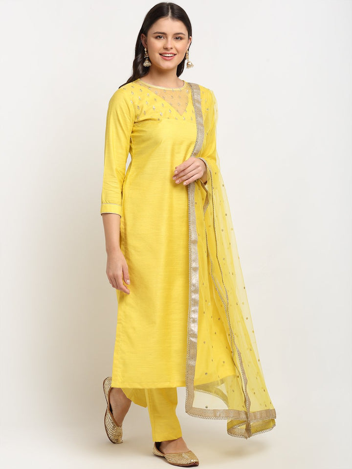 anokherang Combos Glowing Yellow Sequined Yoke Straight kurti with Pants and Sequin Dupatta