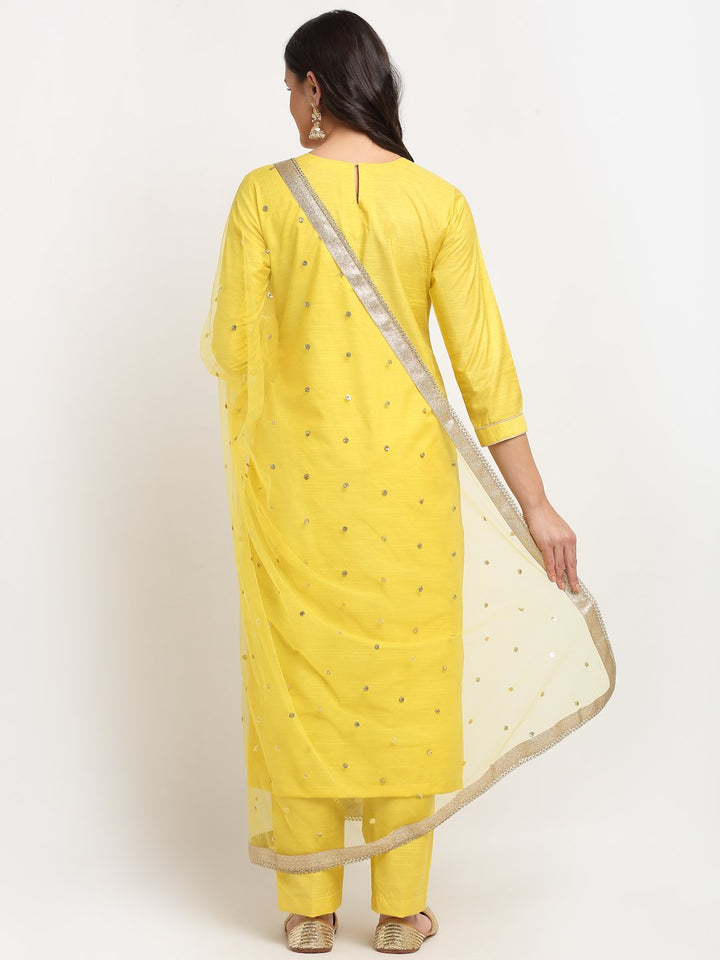 anokherang Combos Glowing Yellow Sequined Yoke Straight kurti with Pants and Sequin Dupatta