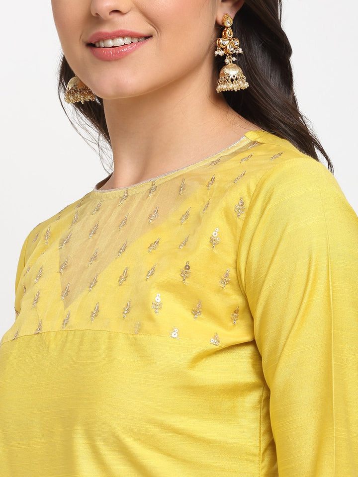 anokherang Combos Glowing Yellow Sequined Yoke Straight kurti with Pants and Sequin Dupatta
