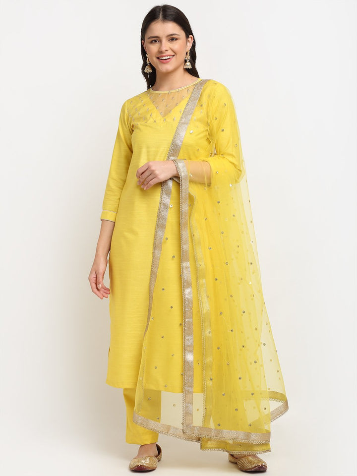 anokherang Combos Glowing Yellow Sequined Yoke Straight kurti with Pants and Sequin Dupatta