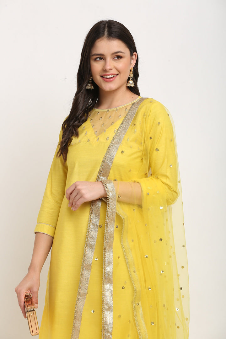 anokherang Combos Glowing Yellow Sequined Yoke Straight kurti with Pants and Sequin Dupatta