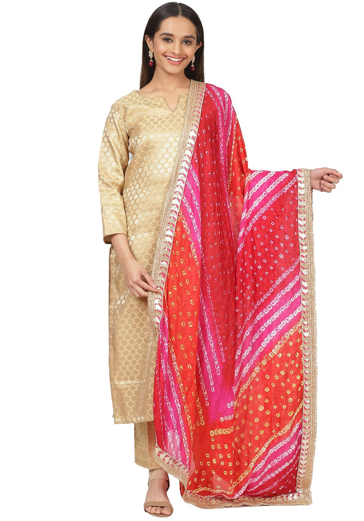 anokherang Combos Gold Brocade Straight Kurti with Straight Pants and Bandhani Dupatta