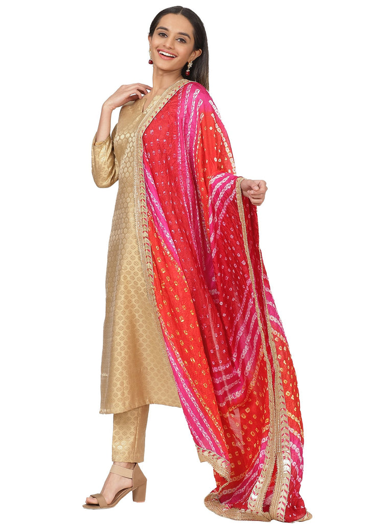 anokherang Combos Gold Brocade Straight Kurti with Straight Pants and Bandhani Dupatta