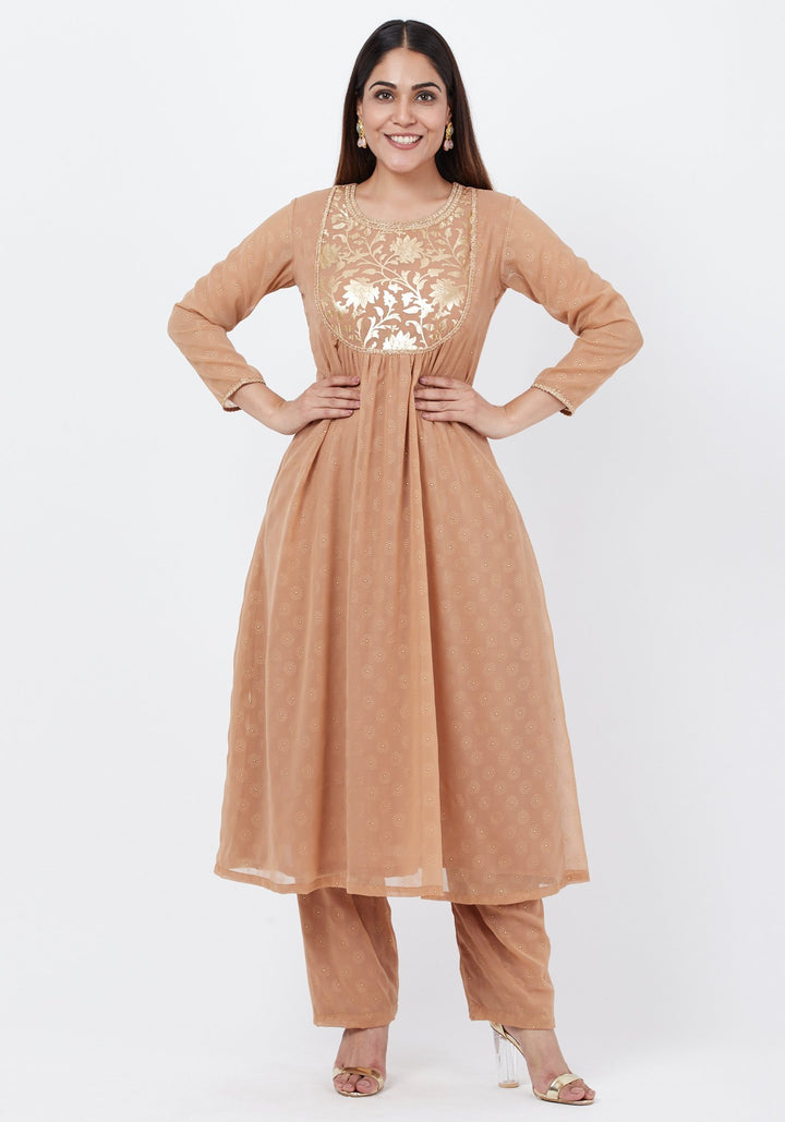 anokherang Combos Gold Georgette Foil Gathered Kurti with Straight Palazzo