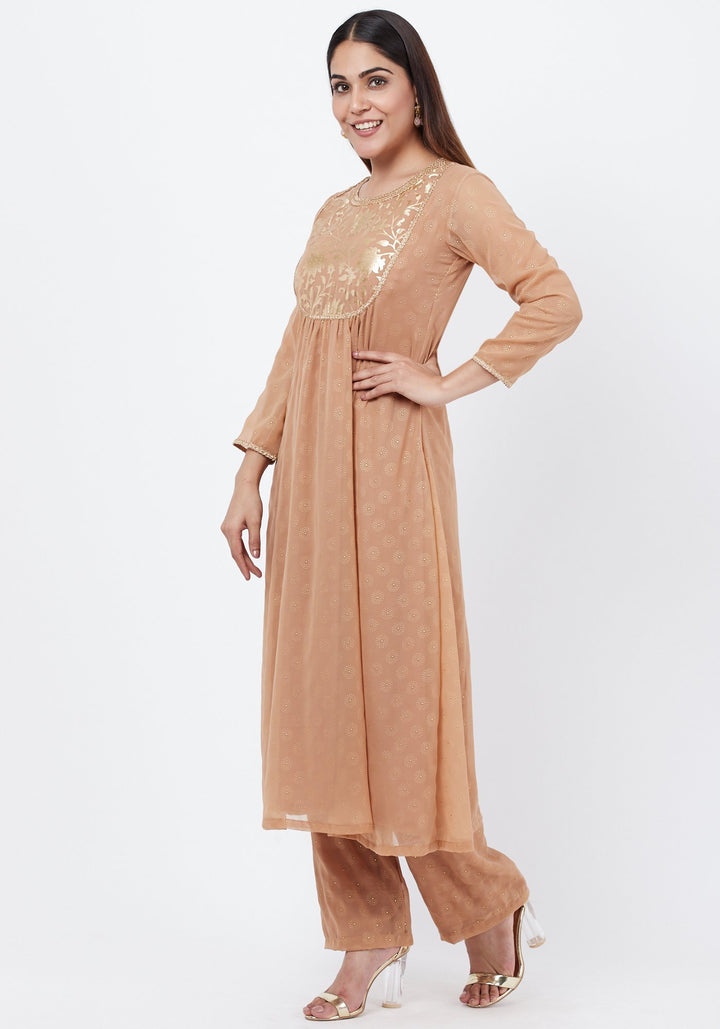 anokherang Combos Gold Georgette Foil Gathered Kurti with Straight Palazzo