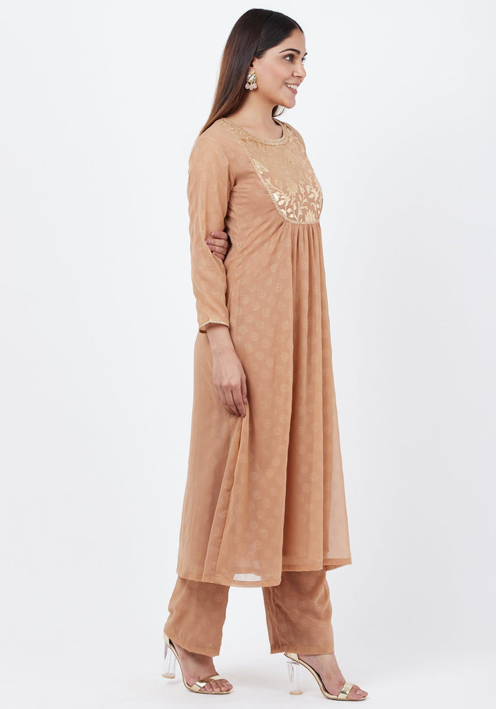 anokherang Combos Gold Georgette Foil Gathered Kurti with Straight Palazzo