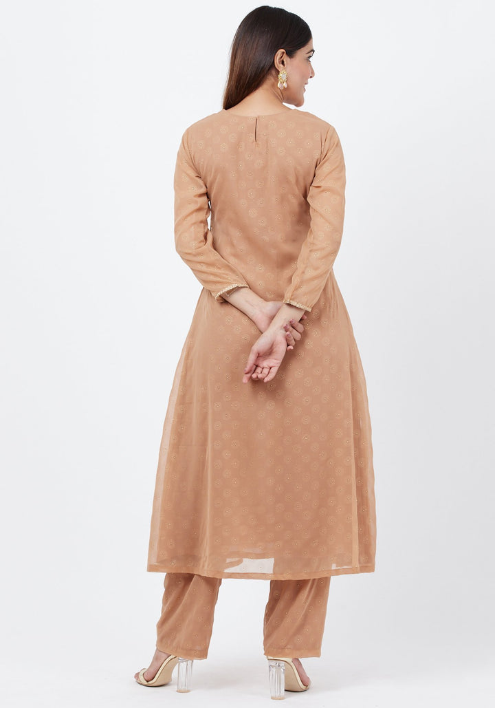 anokherang Combos Gold Georgette Foil Gathered Kurti with Straight Palazzo