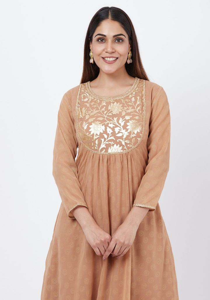 anokherang Combos Gold Georgette Foil Gathered Kurti with Straight Palazzo