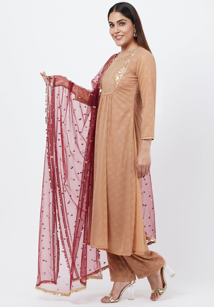 anokherang Combos Gold Georgette Foil Gathered Kurti with Straight Palazzo and Sequenced Dupatta