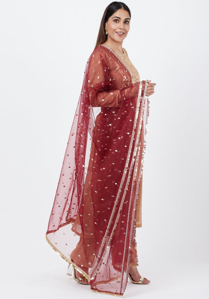 anokherang Combos Gold Georgette Foil Gathered Kurti with Straight Palazzo and Sequenced Dupatta