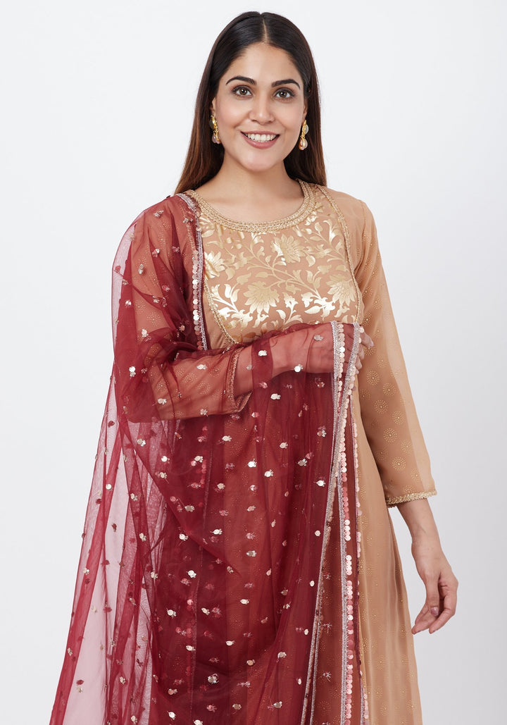 anokherang Combos Gold Georgette Foil Gathered Kurti with Straight Palazzo and Sequenced Dupatta