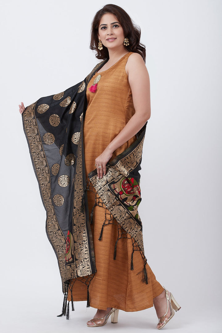 anokherang Combos Gold Kundan A-Line Floorlength with Black Banarsi Dupatta