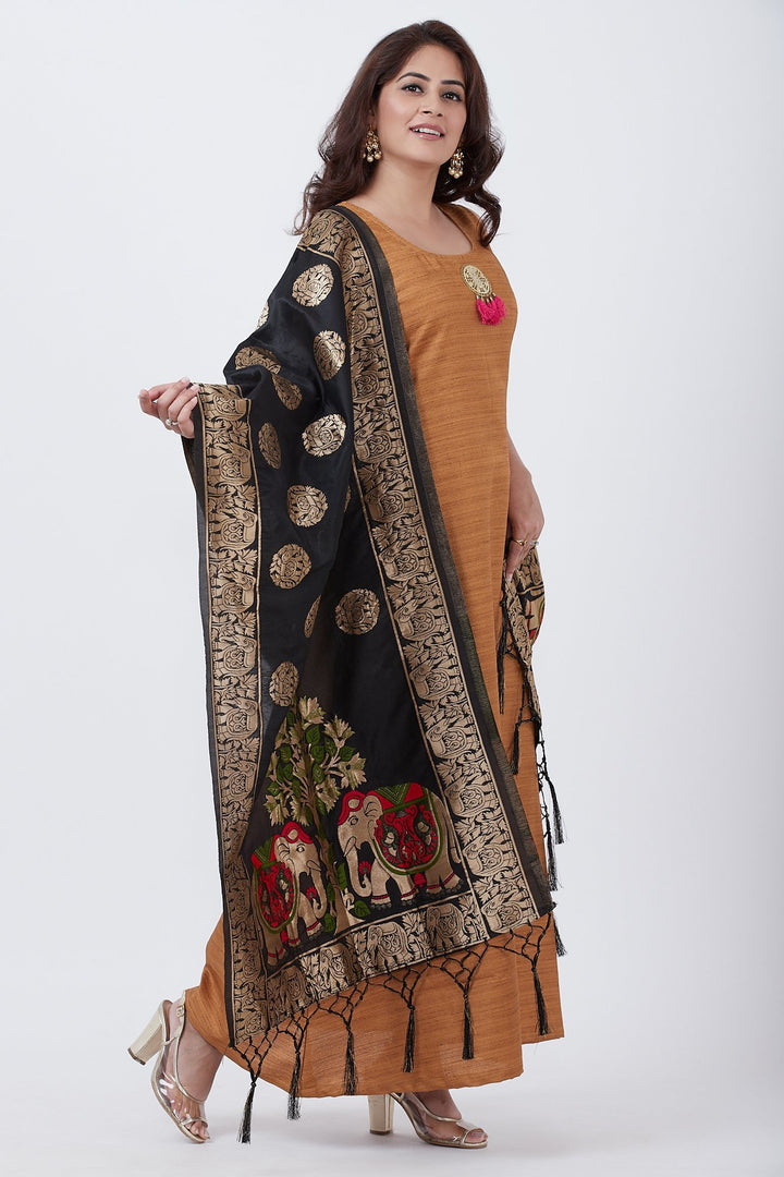 anokherang Combos Gold Kundan A-Line Floorlength with Black Banarsi Dupatta