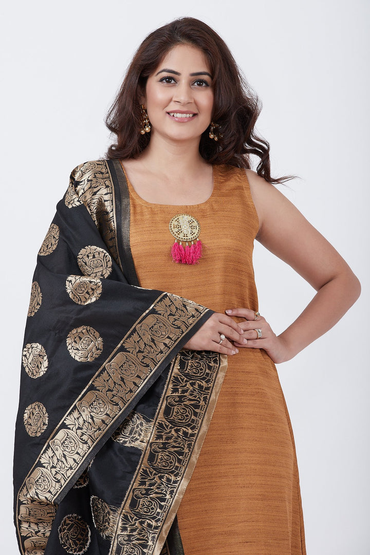 anokherang Combos Gold Kundan A-Line Floorlength with Black Banarsi Dupatta