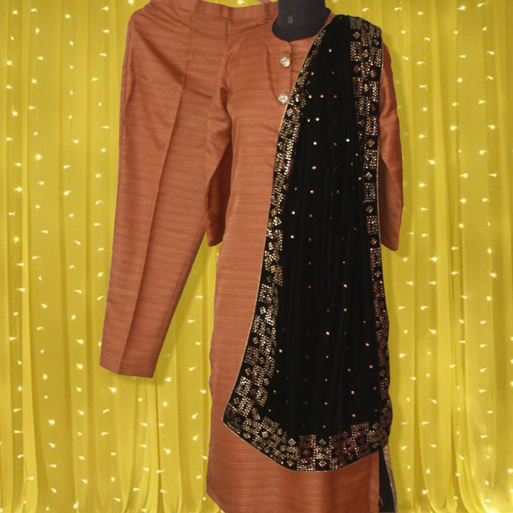 anokherang Combos Gold Kundan Silk Kurti with Straight Pants and Black Velvet Mirror Work Stole