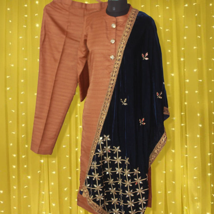 anokherang Combos Gold Kundan Silk Kurti with Straight Pants and Blue Velvet Mokaish Work