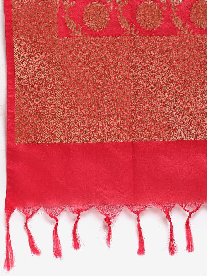 anokherang Combos Gold Kundan Silk Kurti with Straight Pants and Red Banarsi Dupatta
