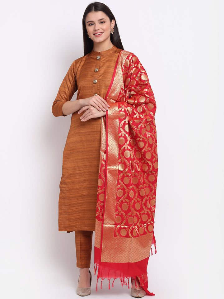 anokherang Combos Gold Kundan Silk Kurti with Straight Pants and Red Banarsi Dupatta