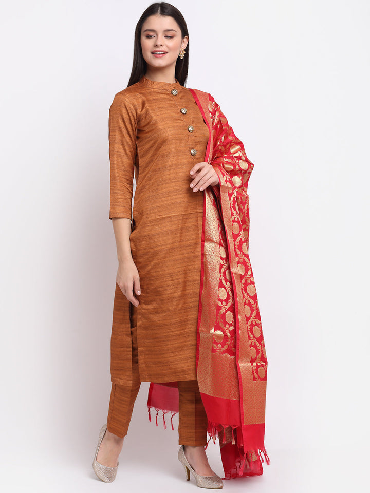 anokherang Combos Gold Kundan Silk Kurti with Straight Pants and Red Banarsi Dupatta