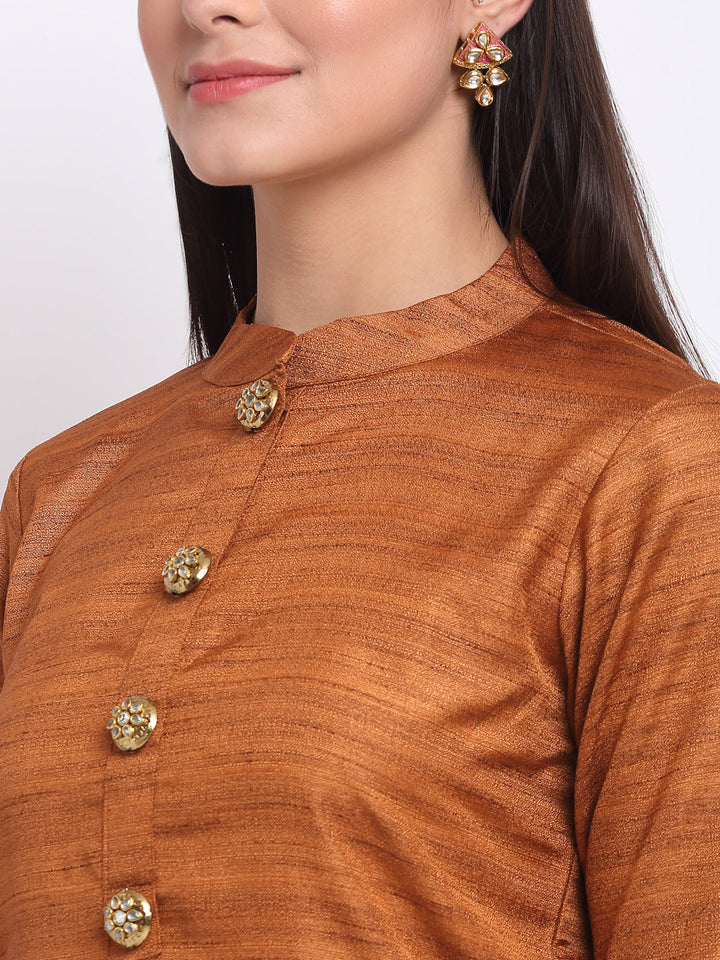 anokherang Combos Gold Kundan Silk Kurti with Straight Pants and Red Banarsi Dupatta