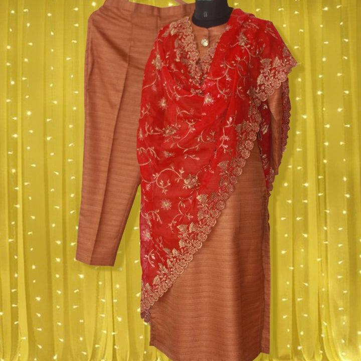 anokherang Combos Gold Kundan Silk Kurti with Straight Pants and Red Thread and Sequenced Dupatta