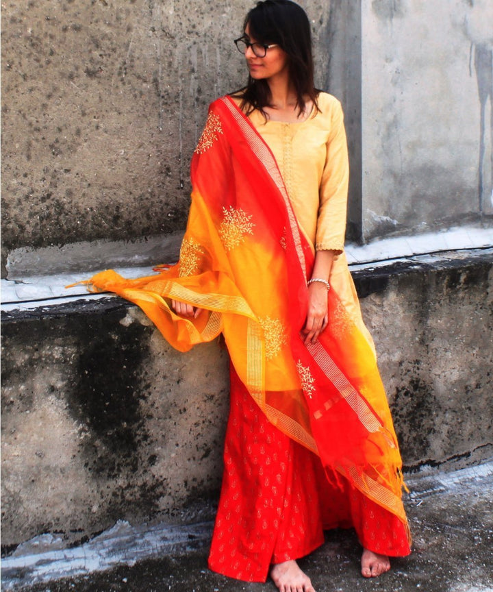 anokherang Combos Gold Mangalam Short Kurti with Red Sharara and Organza Dupatta