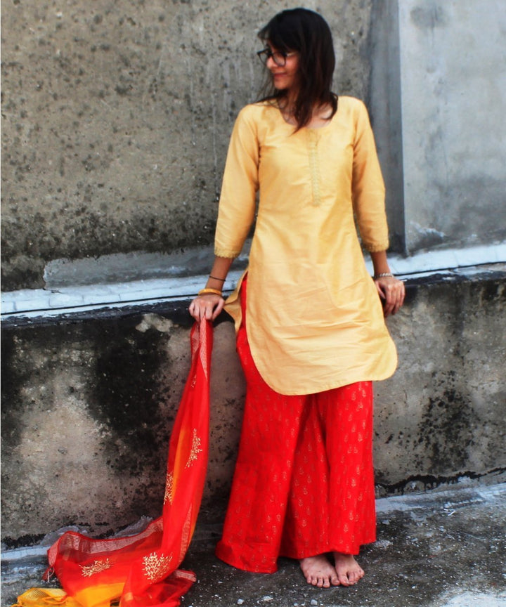 anokherang Combos Gold Mangalam Short Kurti with Red Sharara and Organza Dupatta